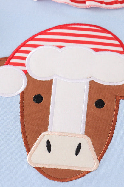 Christmas Cow Applique Blue Girl Set