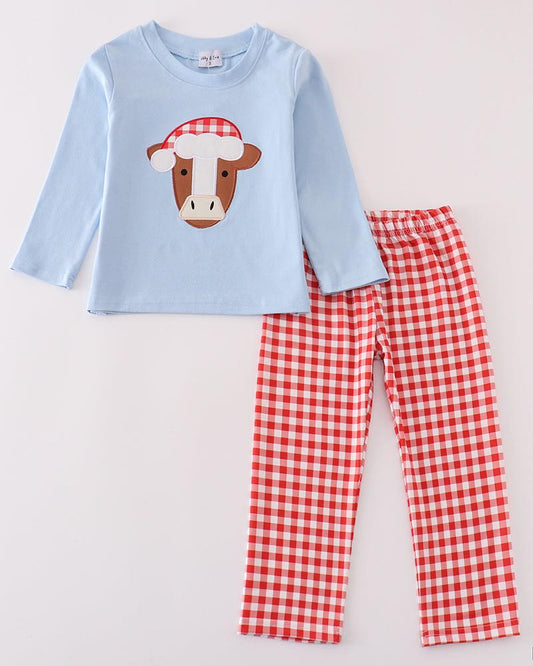 Christmas Cow Applique Blue Boy Set