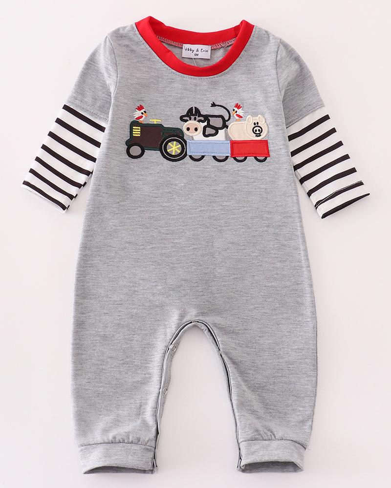 Farm Applique Grey Boy Romper