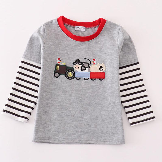 Farm Applique Grey Boy Top