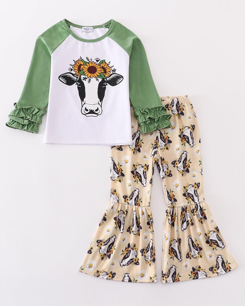 Green Sunny Cow Print Bell Bottoms Set