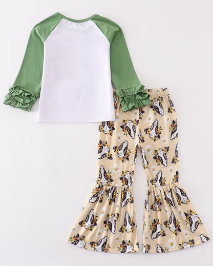 Green Sunny Cow Print Bell Bottoms Set