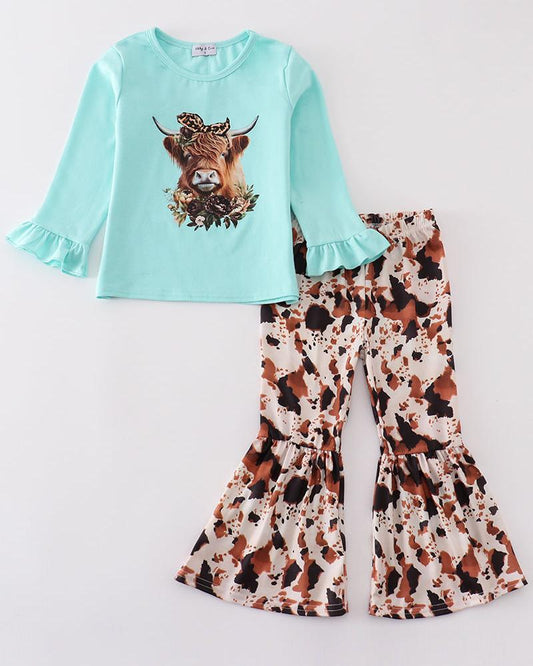 Mint Cow Print Bell Bottoms Set