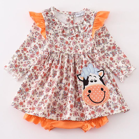 Coral Floral Cow Applique Girl Bubble