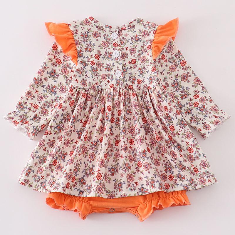 Coral Floral Cow Applique Girl Bubble