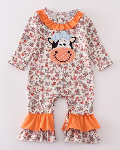 Coral Floral Cow Applique Girl Romper