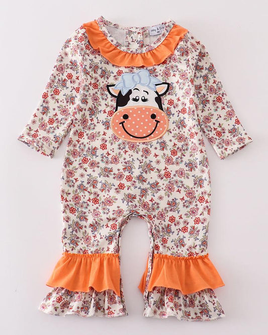 Coral Floral Cow Applique Girl Romper