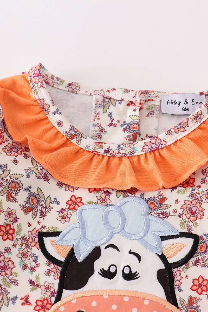 Coral Floral Cow Applique Girl Romper