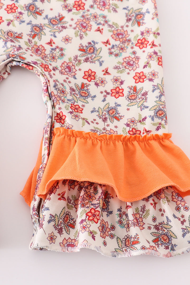 Coral Floral Cow Applique Girl Romper