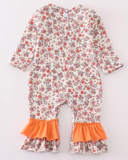 Coral Floral Cow Applique Girl Romper