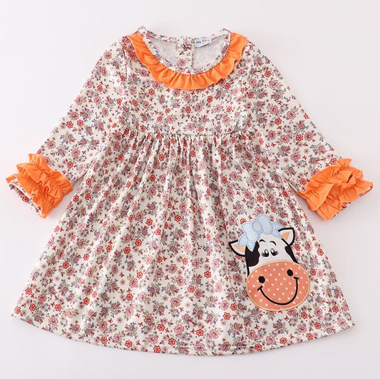 Coral Floral Cow Applique Dress