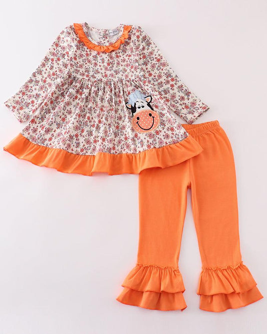 Coral Floral Cow Applique Girl Set