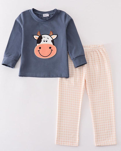 Blue Cow Applique Gingham Boy Pants Set