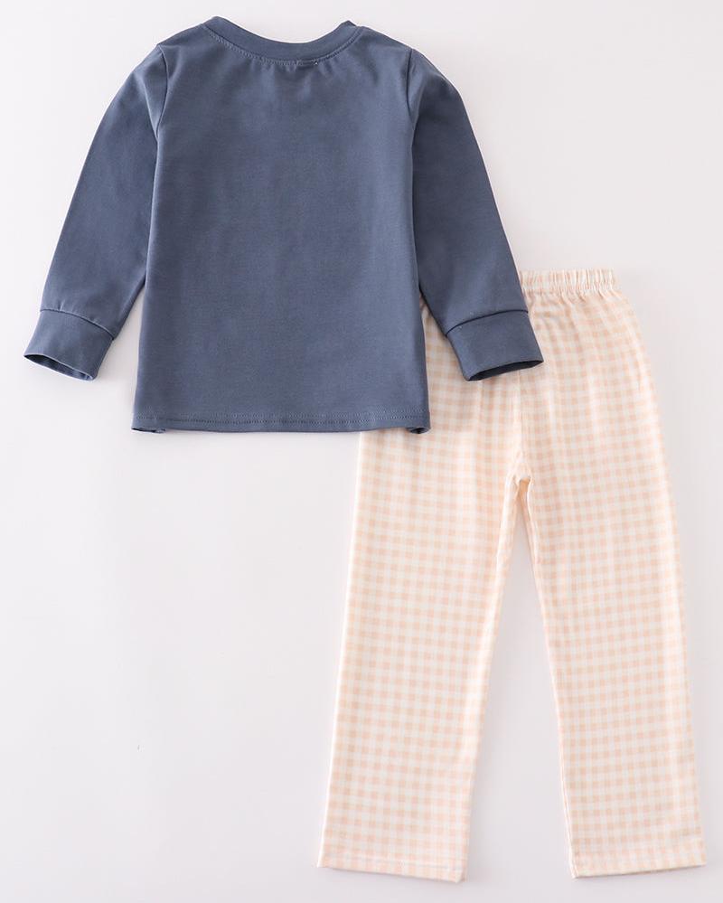 Blue Cow Applique Gingham Boy Pants Set