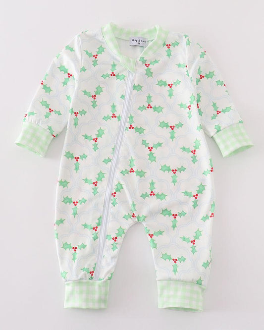 Christmas Holly Print Green Boy Romper