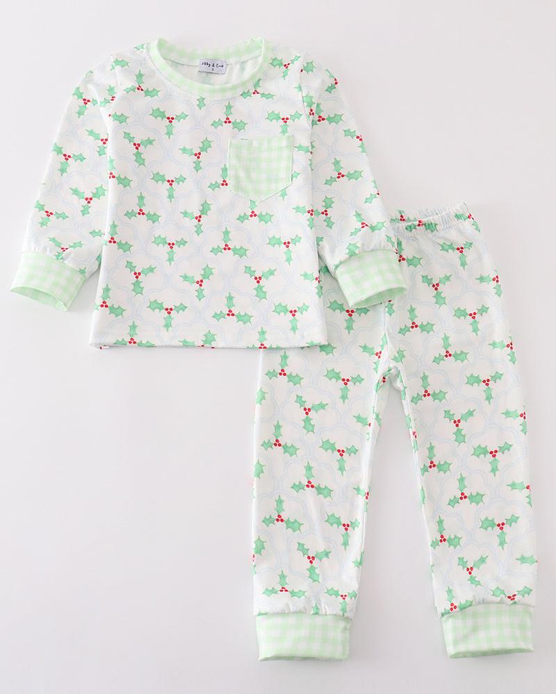 Christmas Holly Print Green Boy Pajama Set