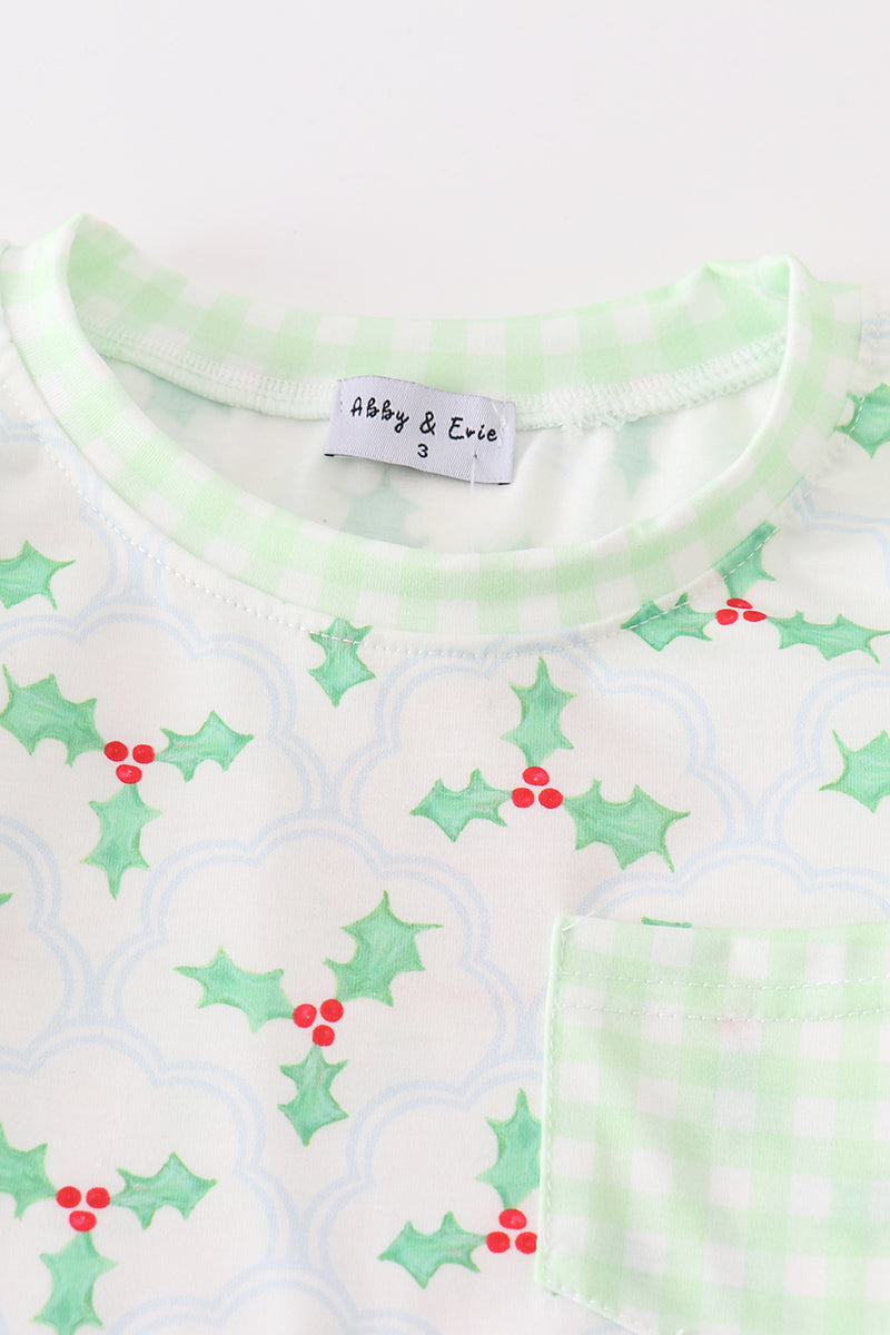 Christmas Holly Print Green Boy Pajama Set