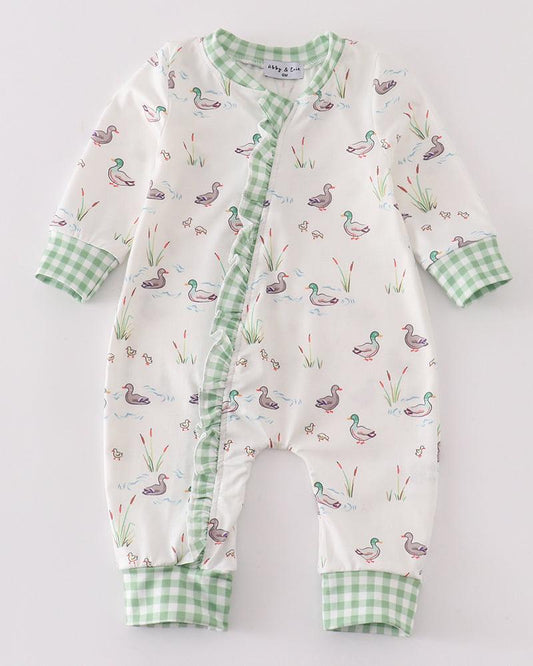 Sage Duck Print Ruffle Baby Zip Romper