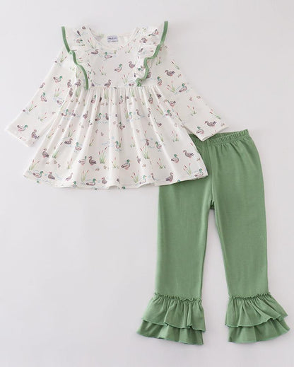 Sage Duck Print Girl Pants Set