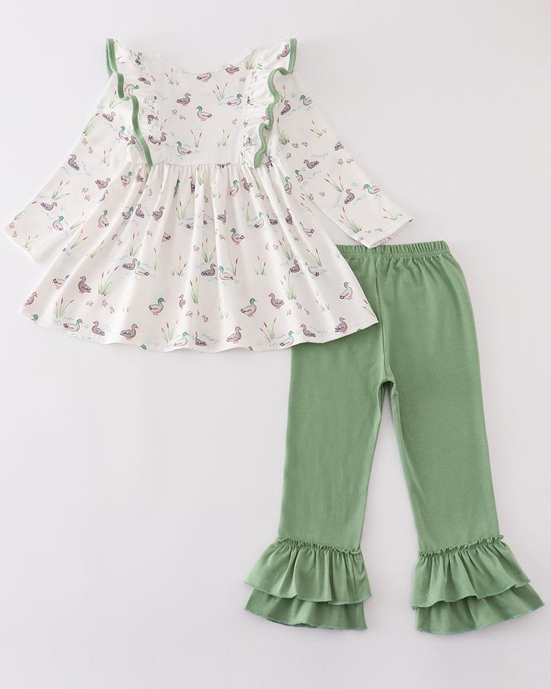 Sage Duck Print Girl Pants Set