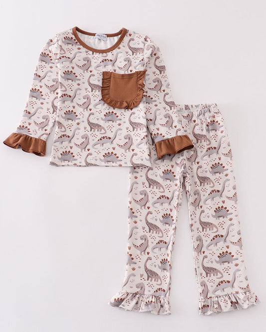 Brown Dinosaur Print Girl Pajama Set