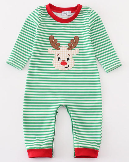 Reindeer Applique Green Stripe Boy Romper