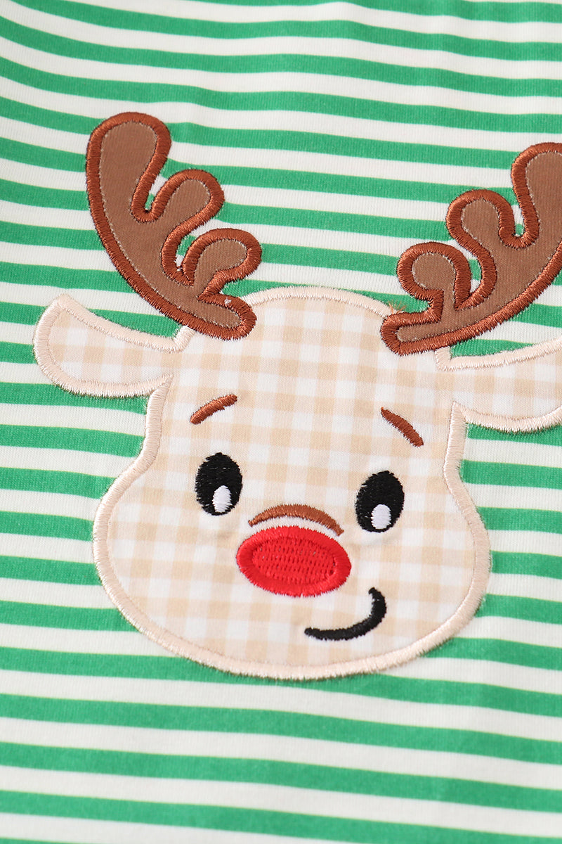 Reindeer Applique Green Stripe Boy Romper