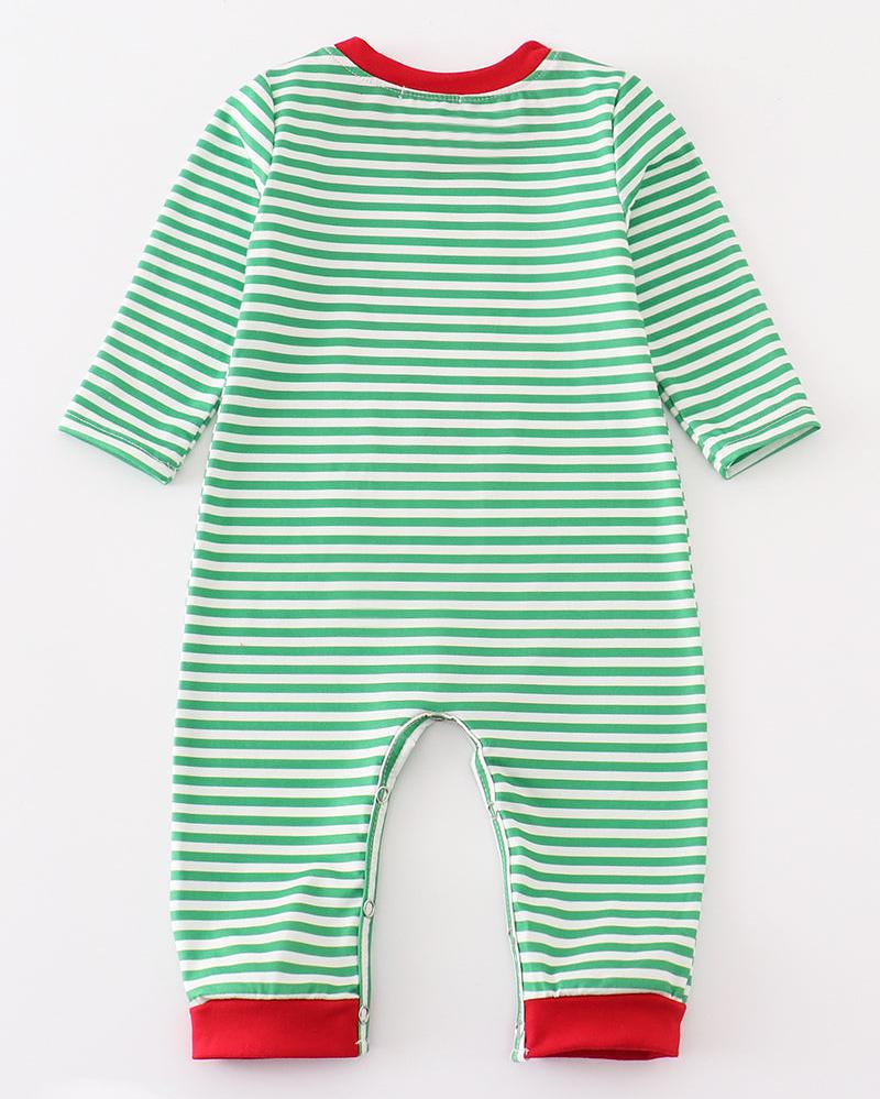 Reindeer Applique Green Stripe Boy Romper