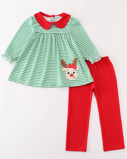 Reindeer Applique Green Stripe Girl Set