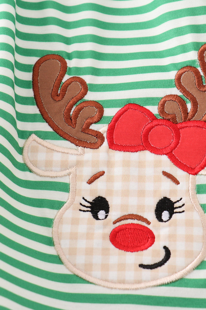 Reindeer Applique Green Stripe Girl Set