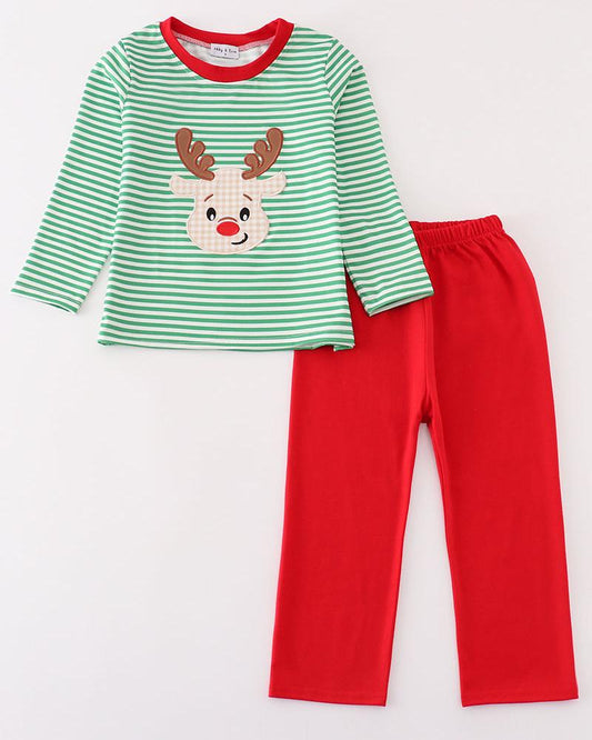 Reindeer Applique Green Stripe Boy Set