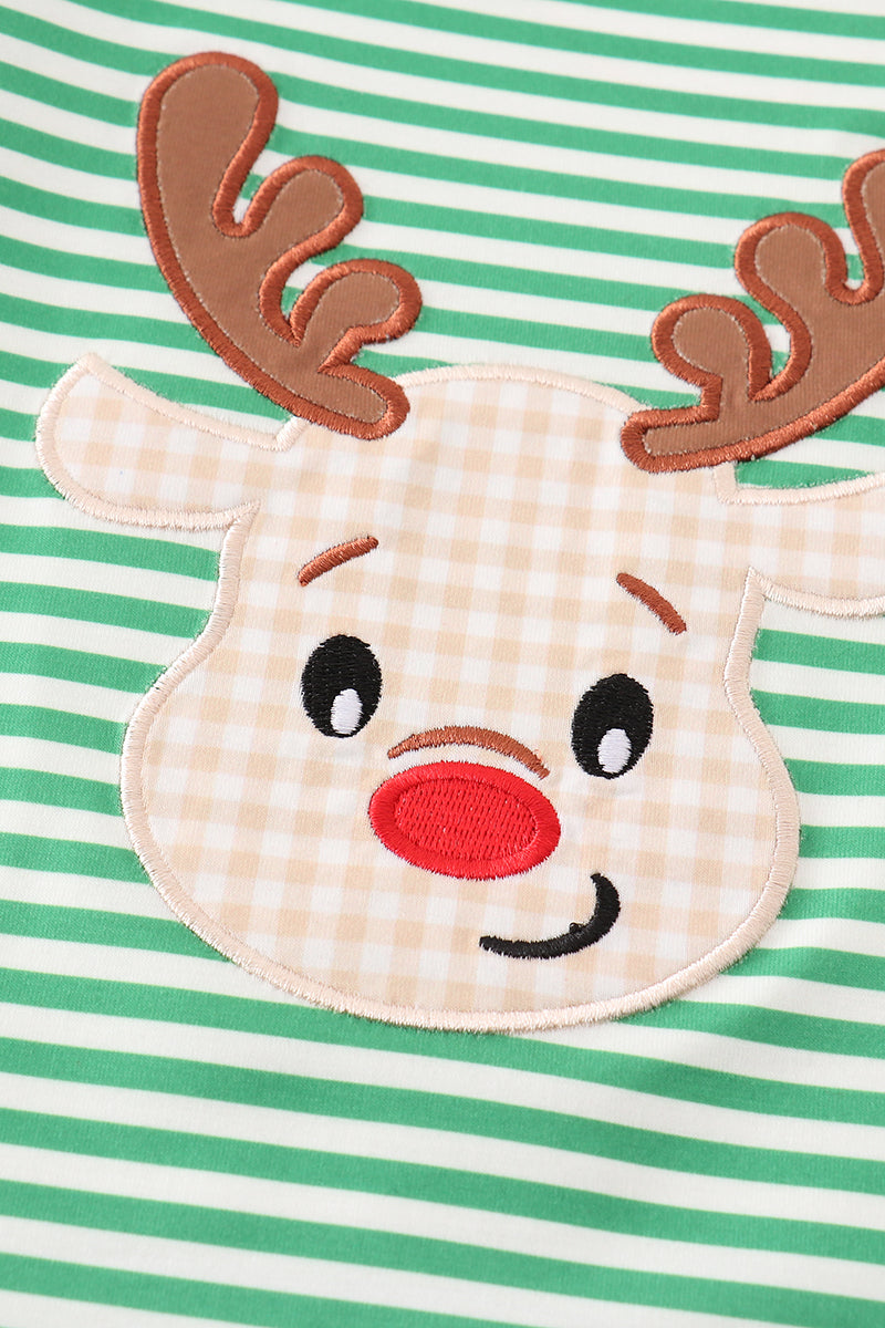 Reindeer Applique Green Stripe Boy Set