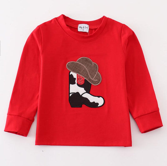 Cowboy Boot Applique Red Boy Top