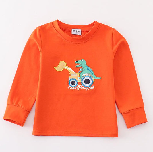 Dino Excavator Applique Orange Boy Top