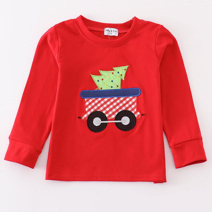 Red Christmas Wagon Applique Boy Top