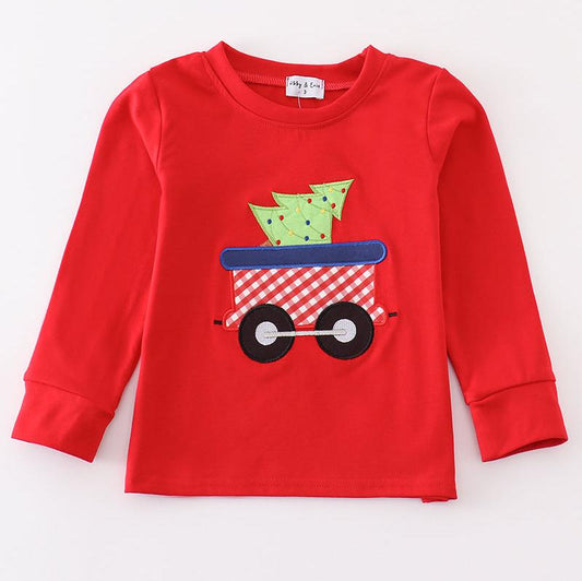 Red Christmas Wagon Applique Boy Top