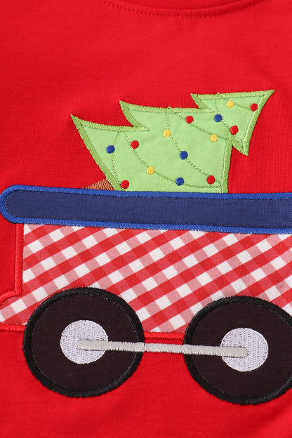 Red Christmas Wagon Applique Boy Top