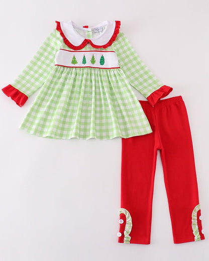 Green Plaid Christmas Tree Embroidered Girl Set