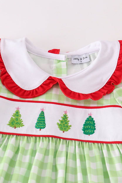 Green Plaid Christmas Tree Embroidered Girl Set