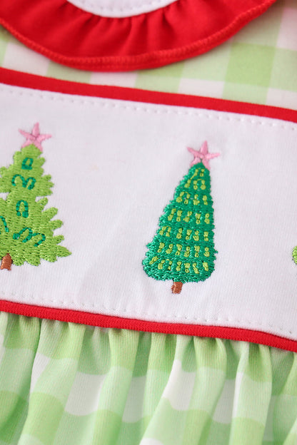 Green Plaid Christmas Tree Embroidered Girl Set