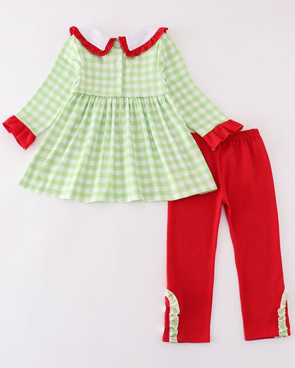 Green Plaid Christmas Tree Embroidered Girl Set