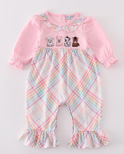 Farm Animals Embroidered Pink Girl Romper