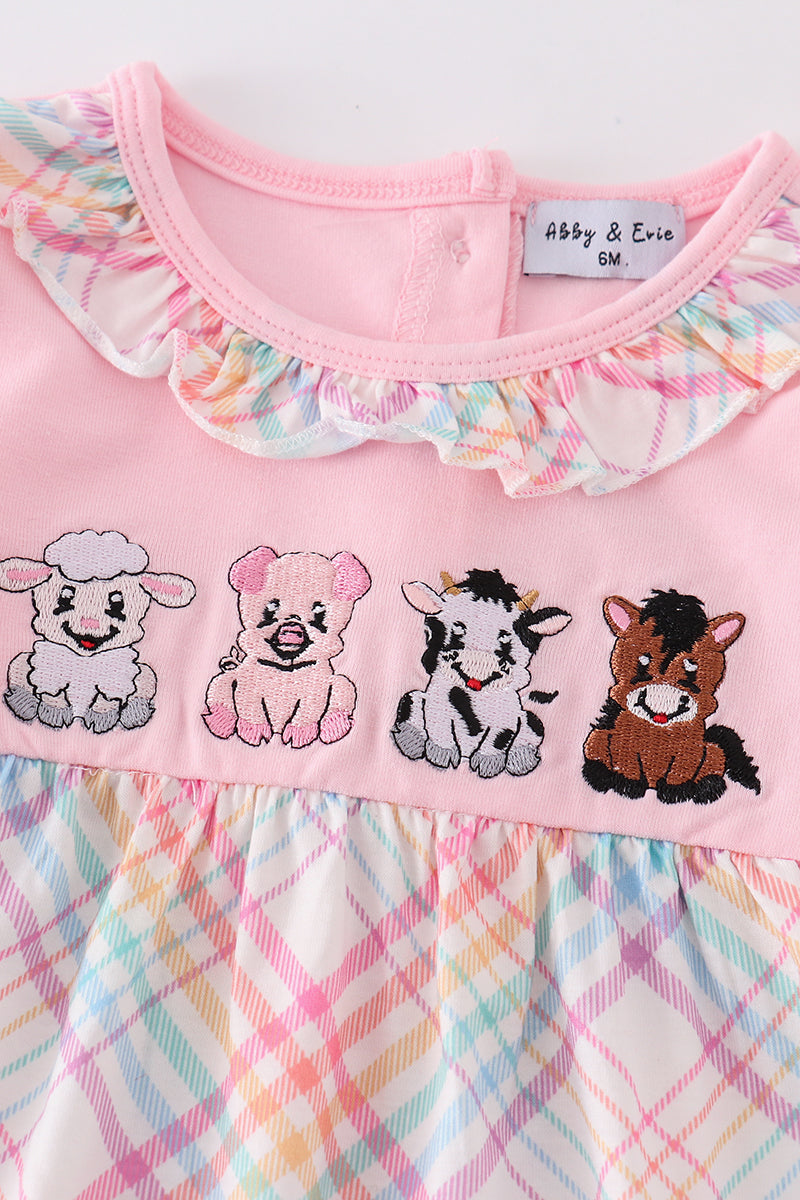 Farm Animals Embroidered Pink Girl Romper