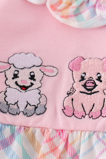 Farm Animals Embroidered Pink Girl Romper