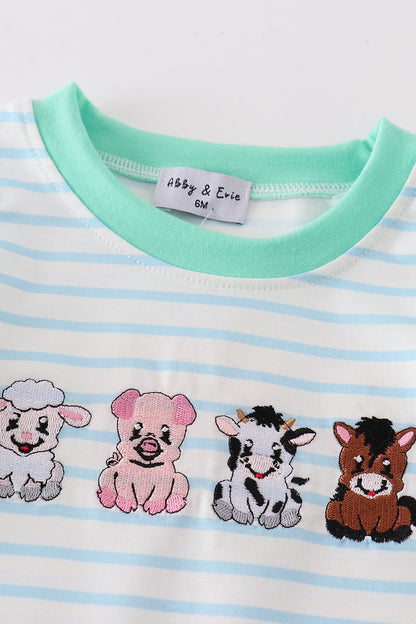 Farm Animals Embroidered Green Boy Romper