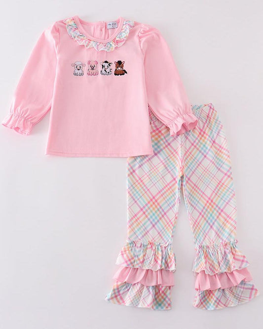 Farm Animals Embroidered Pink Girl Set