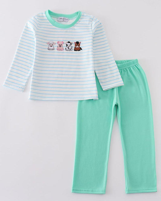 Farm Animals Embroidered Green Boy Set