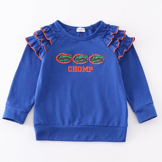 FL Chomp Embroidered Blue Girl Top