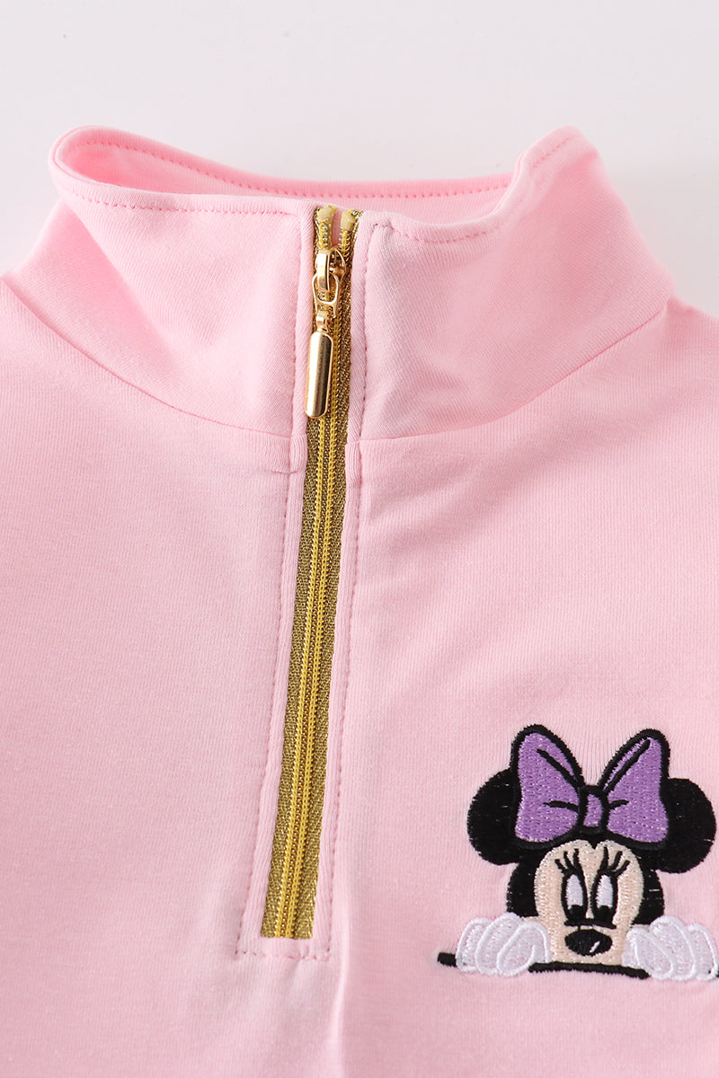 Magic Character Embroidered Pink Zipper Pullover