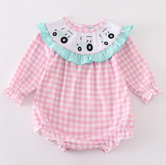 Tractor Embroidered Pink Gingham Girl Bubble